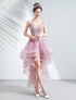 Pink Straps High Low V-neckline Tulle Lace and Beaded Prom Dress, Pink Homecoming Dress