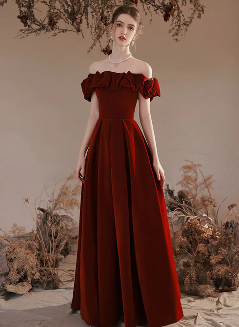 Wine Red Velvet Long Wedding Party Dresses, A-line Off Shoulder Junior Prom Dress