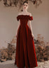 Wine Red Velvet Long Wedding Party Dresses, A-line Off Shoulder Junior Prom Dress