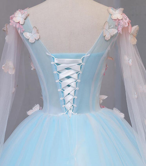 Beautiful Light blue Butterfly Lace Ball Gown Prom Dresses, Sweet 16 Formal Dresses