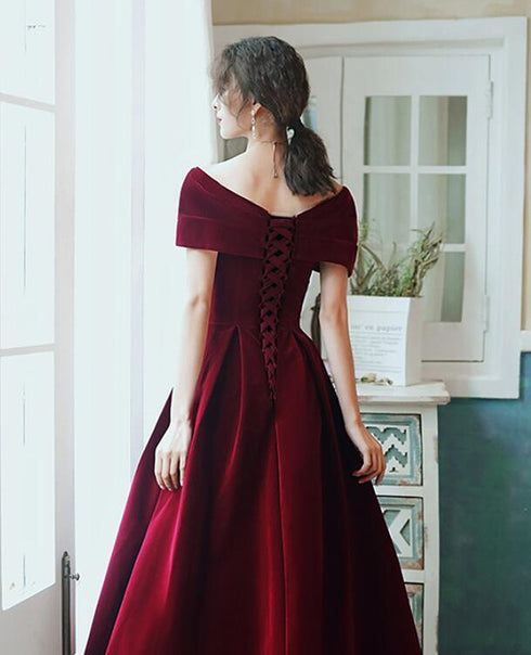 Wine Red Velvet Simple A-line Long Wedding Party Dress, Wine Red Evening Dress