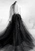 Black V-neckline Backless Tulle with Lace Party Dress, Black Long Prom Dress