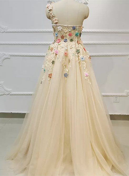 Light Champagne Tulle with Flowers Long Evening Dress, A-line Tulle Formal Dress