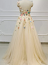 Light Champagne Tulle with Flowers Long Evening Dress, A-line Tulle Formal Dress