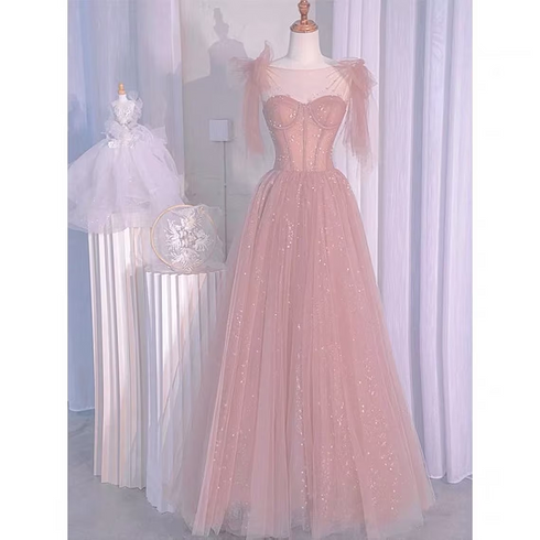 Pink Tulle Sweetheart Tulle with Pearls A-line Prom Dress, Pink Long Evening Dress