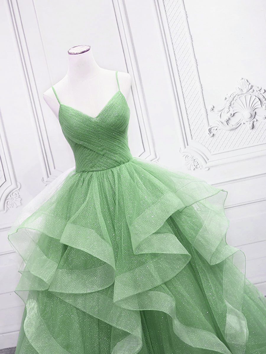 Light Green Layers Tulle Straps Long Formal Dress, Light Green Sweet 1