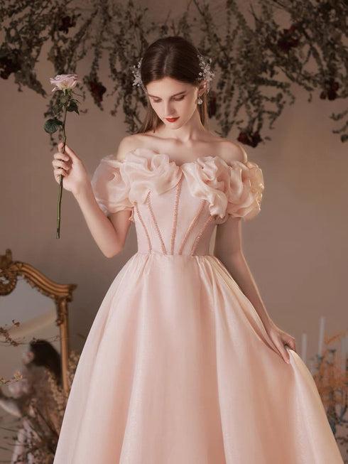 Pink Sweetheart Beaeded Short Sleeves Party Dress, Pink Formal Dress