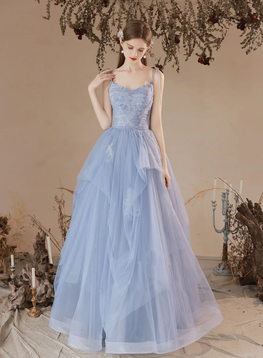 Light Blue Tulle with Lace Straps A-line Prom Dress, Blue Straps Eveni