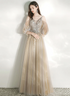 Light Champagne V-neckline Party Dress, A-line Long Prom Dress Evening Dress