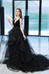 Black Straps V-neckline Tulle Long Party Dress, Black Low Back Prom Dress Formal Dress