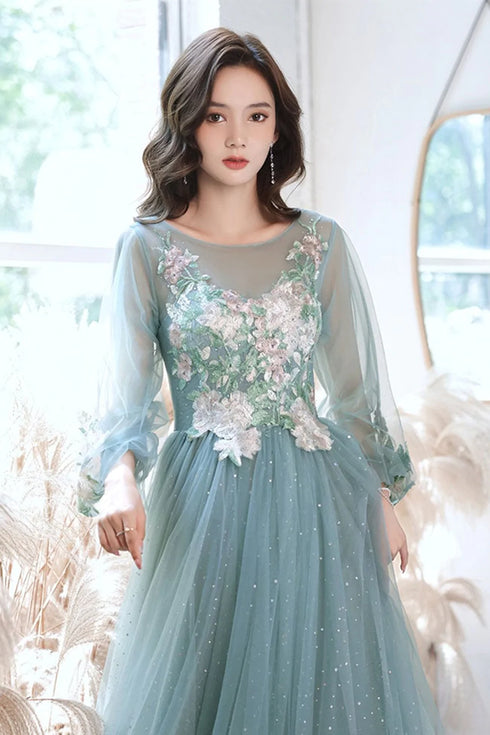 Green Long Sleeves with Lace Flowers Prom Dress, A-line Tulle Formal Dress