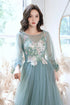 Green Long Sleeves with Lace Flowers Prom Dress, A-line Tulle Formal Dress