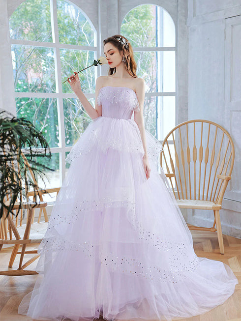 Lavender Tulle Floor Length Party Dress, A-line Lavender Layers Sweet 16 Dress