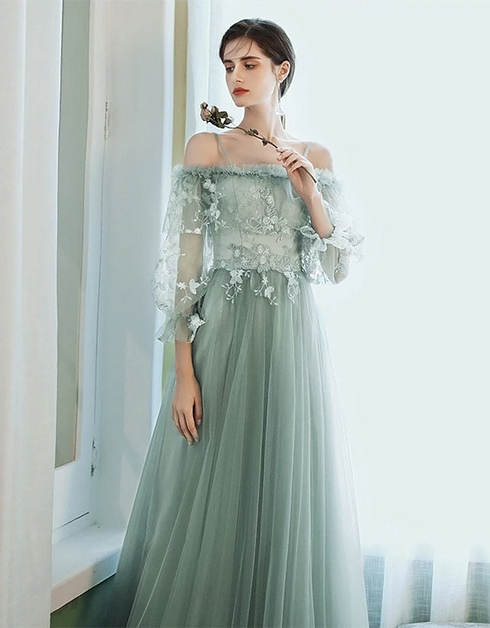 Light Green Tulle Straps with Lace Long Party Dress, Off Shoulder Prom Dress