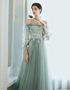 Light Green Tulle Straps with Lace Long Party Dress, Off Shoulder Prom Dress