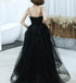 Black V-neckline Tulle with Lace Applique Long Prom Dress, Black Evening Dress