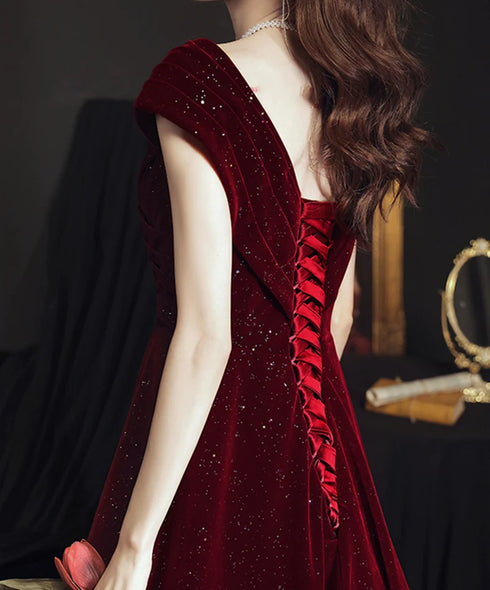 Wine Red Velvet Floor Length A-line Prom Dress, Wine Red Wedding Party Dress