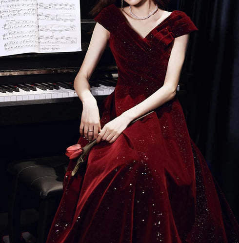 Wine Red Velvet Floor Length A-line Prom Dress, Wine Red Wedding Party Dress