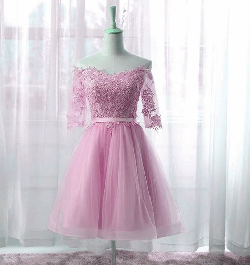 Cute Pink Knee Length Short Sleeves Party Dress, Tulle Prom Dress