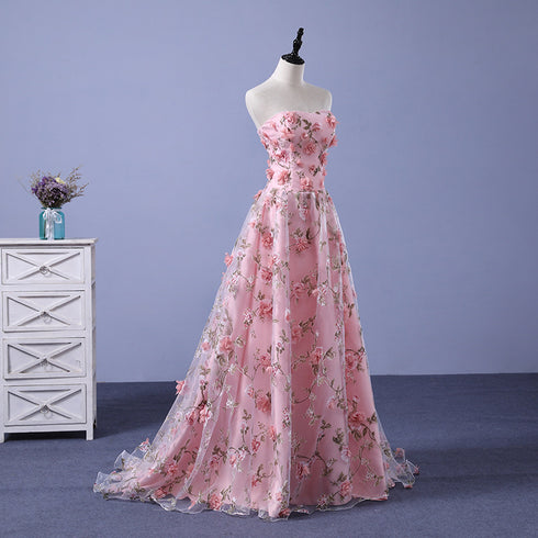 Pink Long A-line Flowers Evening Dress, Pink Party Dress Prom Dress