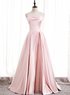 Strapless A-line Pink Satin Prom Dresses, Pink Satin Long Party Dress
