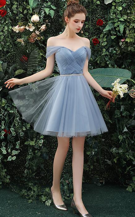 Lovely Grey Short Sweetheart Beaded Prom Dress, Off Shoulder Grey Homecoming Dress