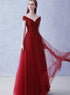 A-line Wine Red Tulle Beaded Long Party Dresses Formal Dress, Dark Red Beaded Party Dresses