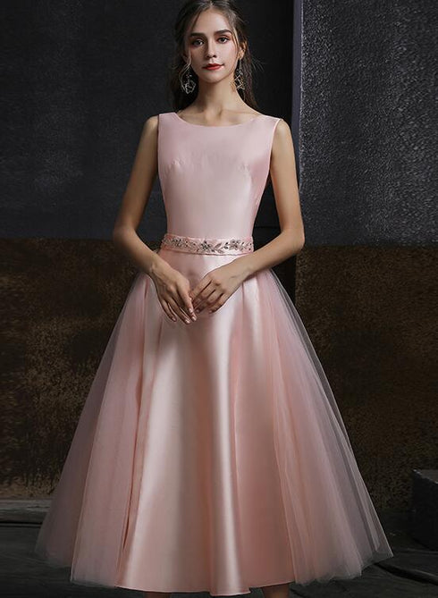 Pink Satin and Tulle V Back Tea Length Party Dress, Pink Wedding Party Dresses