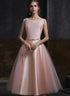 Pink Satin and Tulle V Back Tea Length Party Dress, Pink Wedding Party Dresses