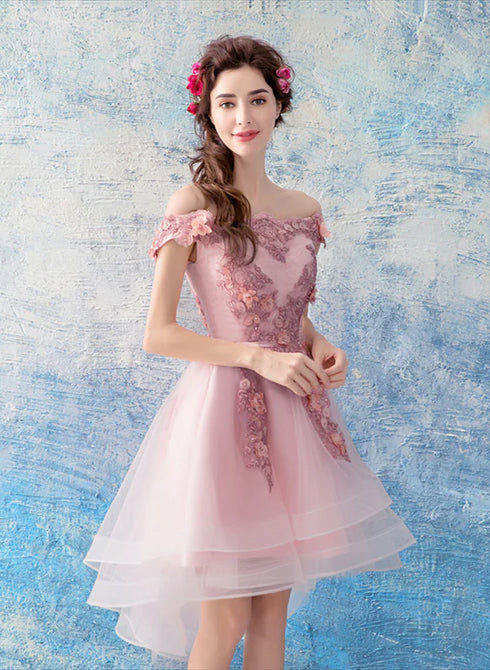 Pink Chic High Low Off Shoulder Party Dress with Lace Applique, Pink Homecoming Dress Prom Dress