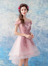 Pink Chic High Low Off Shoulder Party Dress with Lace Applique, Pink Homecoming Dress Prom Dress