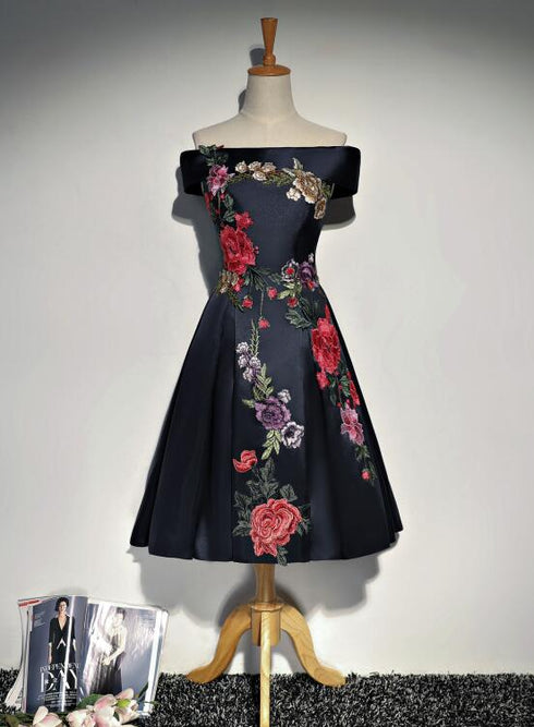 Navy Blue Satin Short Party Dress with Embroidery, Blue Off Shoulder Party Dress