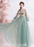 Light Green Flowers Long Sleeves Tulle A-line Evening Dress, Green Prom Dress