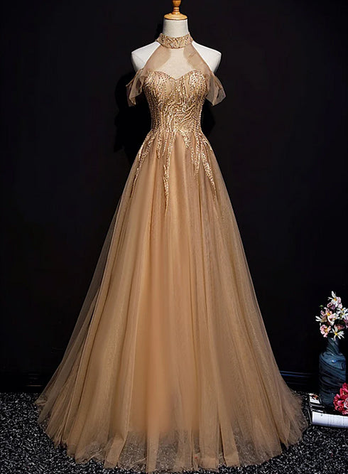 Charming Champagne Tulle Halter Long Party Gown, Prom Dress