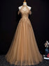 Charming Champagne Tulle Halter Long Party Gown, Prom Dress