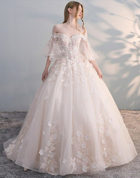 Charming Flowers Lace Off Shoulder Ball Gown Wedding Party Dress, Tulle Long Prom Dress