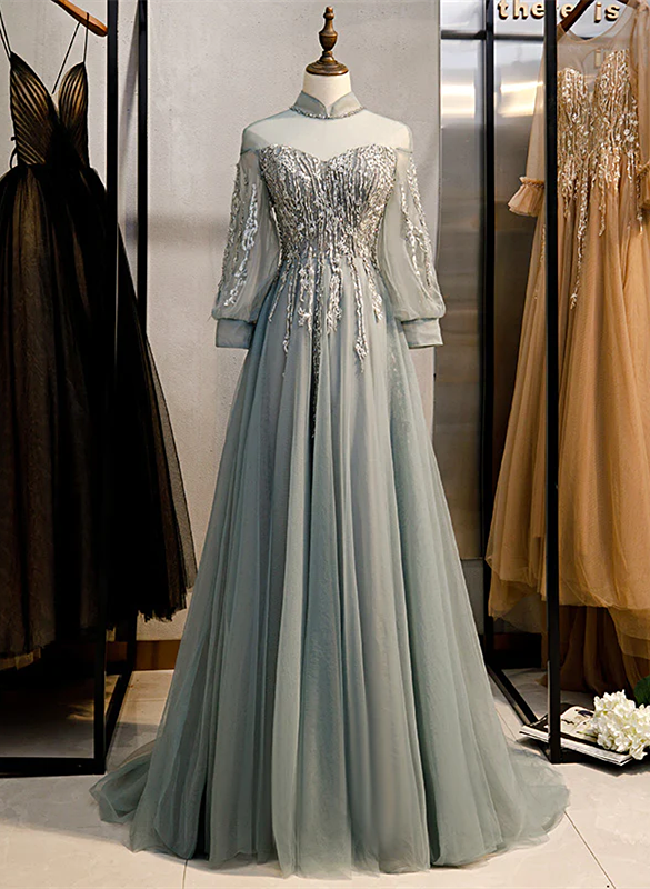 Charming Tulle Lace Long A Line Party Dress Evening Dress cc2846 main image 0
