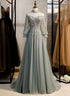 Charming Tulle Long Sleeves Beaded and Lace Long Party Dress, A-line Tulle Formal Gown