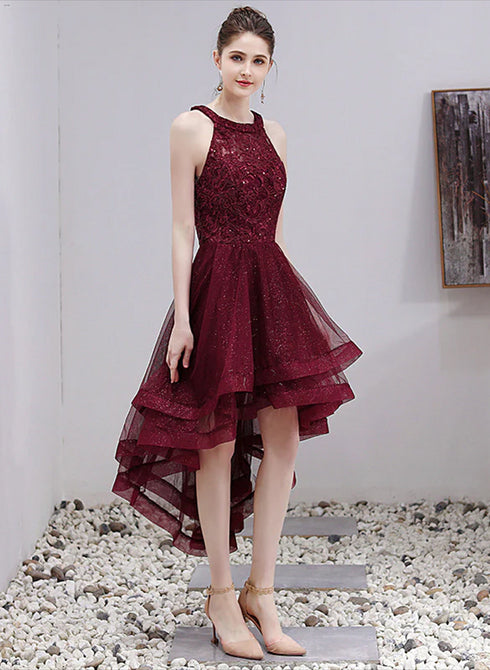 Beautiful Burgundy Halter High Low Tulle Lace Homecoming Dress, Short Party Dress Prom Dress