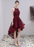 Beautiful Burgundy Halter High Low Tulle Lace Homecoming Dress, Short Party Dress Prom Dress