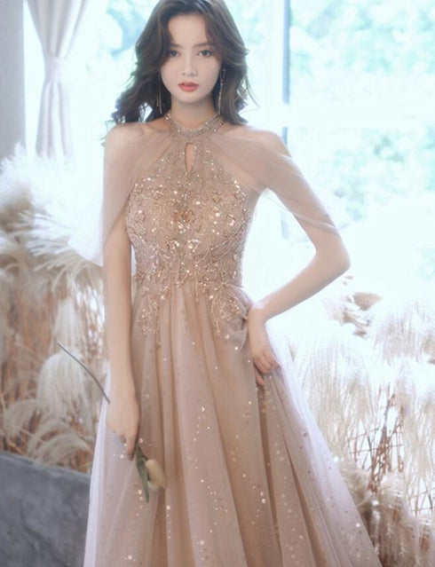 Champagne Tulle Haler Beaded Shiny Long Party Dress, A-line Prom Dress Evening Dress