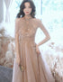 Champagne Tulle Haler Beaded Shiny Long Party Dress, A-line Prom Dress Evening Dress