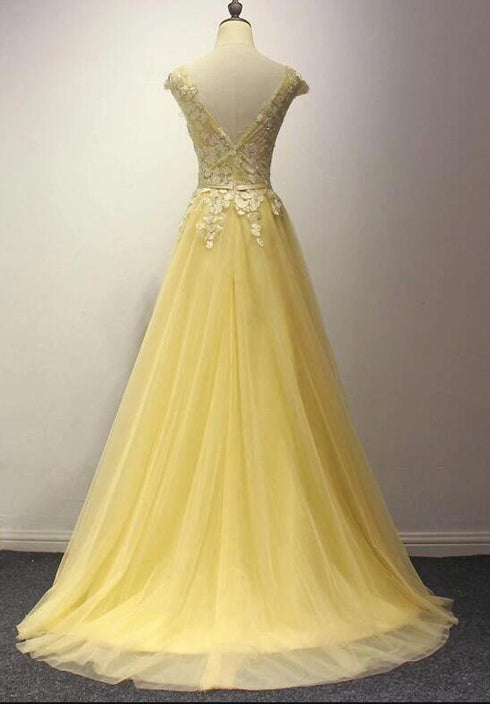 Beautiful Yellow Long Prom Dress, A-line Round Neckline Formal Dress