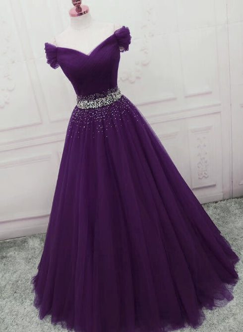 Dark Purple Tulle Long Prom Dresses, Beautiful Junior Prom Dress
