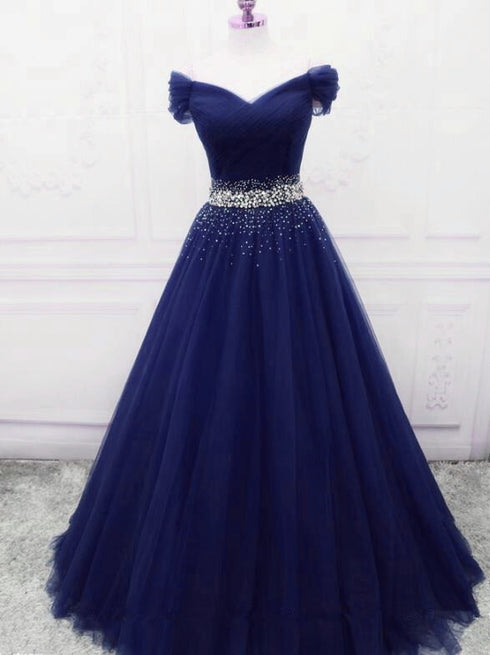 Dark Blue Beaded Tulle A-line Party Dress, Long Prom Dress