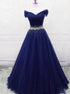 Dark Blue Beaded Tulle A-line Party Dress, Long Prom Dress