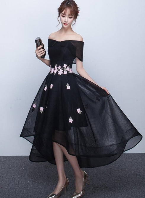 Black Off Shoulder High Low Party Dresses with Flower Lace, Black Short Homecoming Dresses