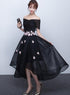Black Off Shoulder High Low Party Dresses with Flower Lace, Black Short Homecoming Dresses