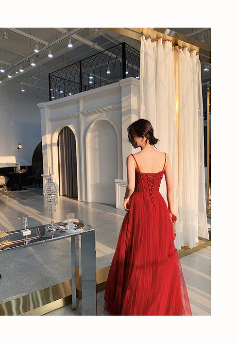 Wine Red Tulle Beaded Straps Beaded Formal Dress, Dark Red Evening Dress Party Dresses