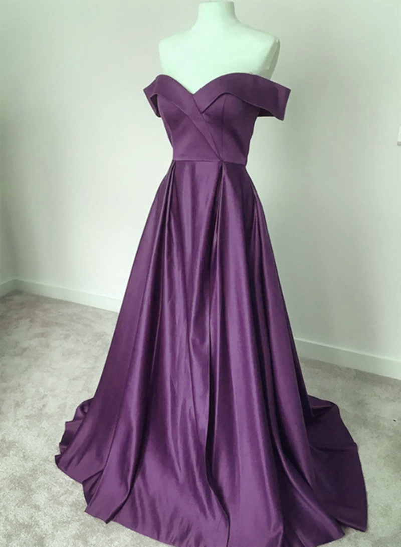 Dark Purple Satin Off Shoulder Long Formal Dress, Purple Evening Dress